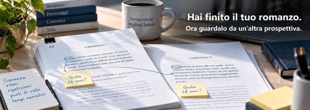 Analisi editoriale di un manoscritto con controllo di coerenza narrativa