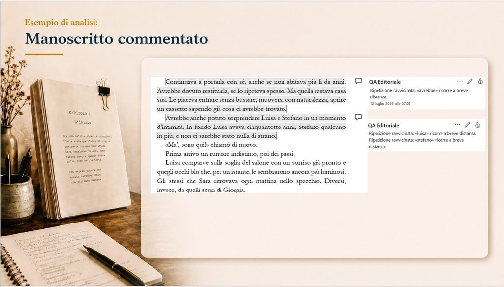 Esempio di analisi editoriale del romanzo con manoscritto commentato